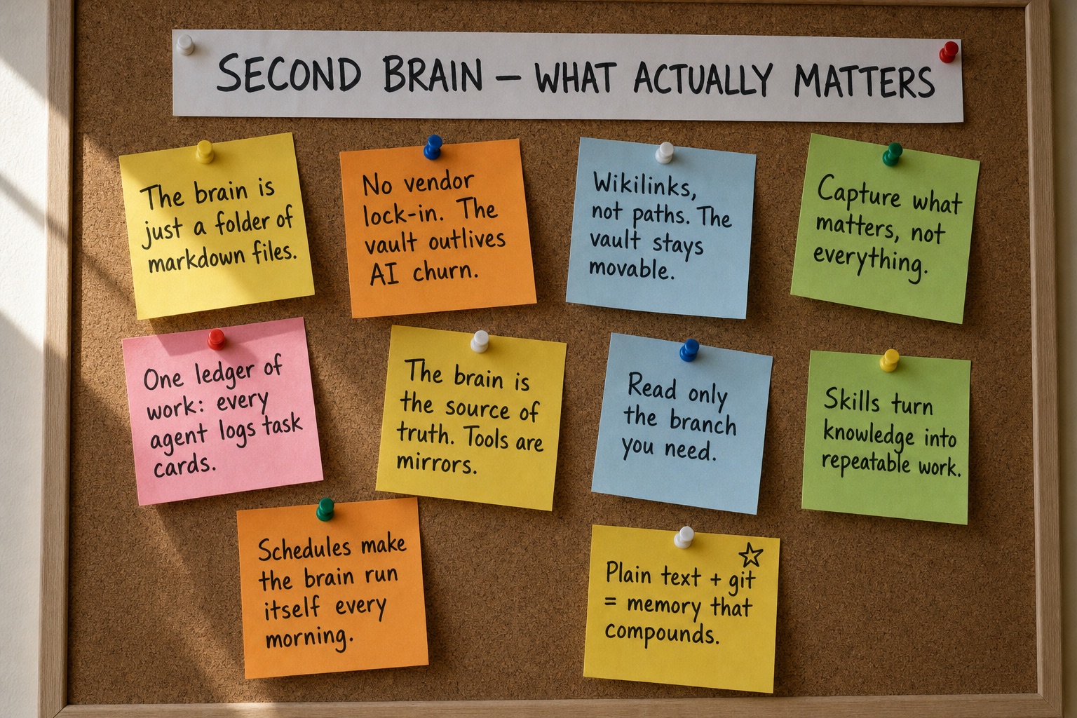 Ten sticky notes on a cork board — the lessons from a year with a second brain
