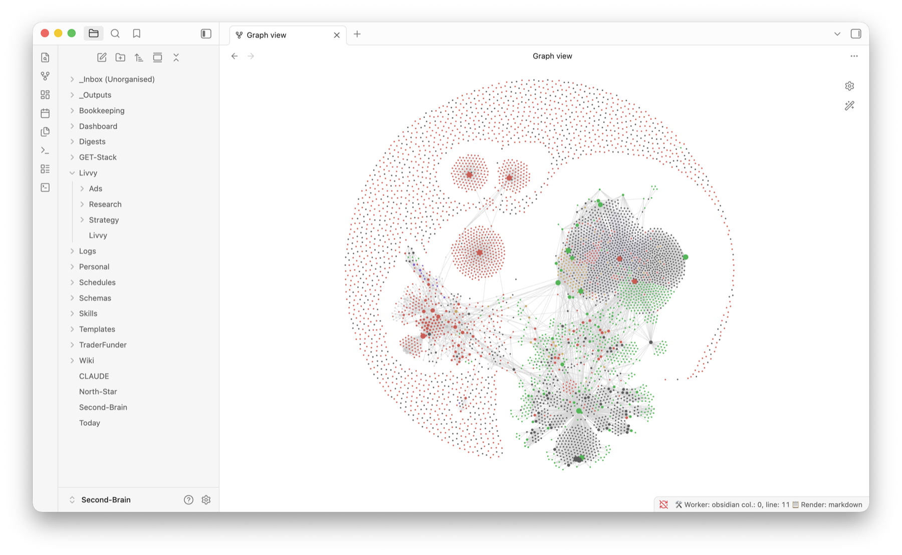 The Second Brain vault as an Obsidian graph — thousands of linked notes
